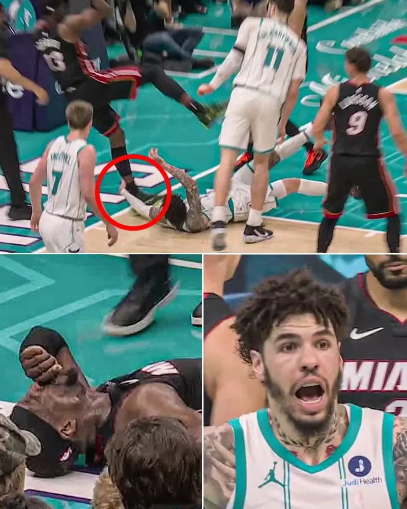 NBA常规赛，热火对阵黄蜂的比赛

在第二节比赛中，阿德巴约在一次防守回合时被鲍