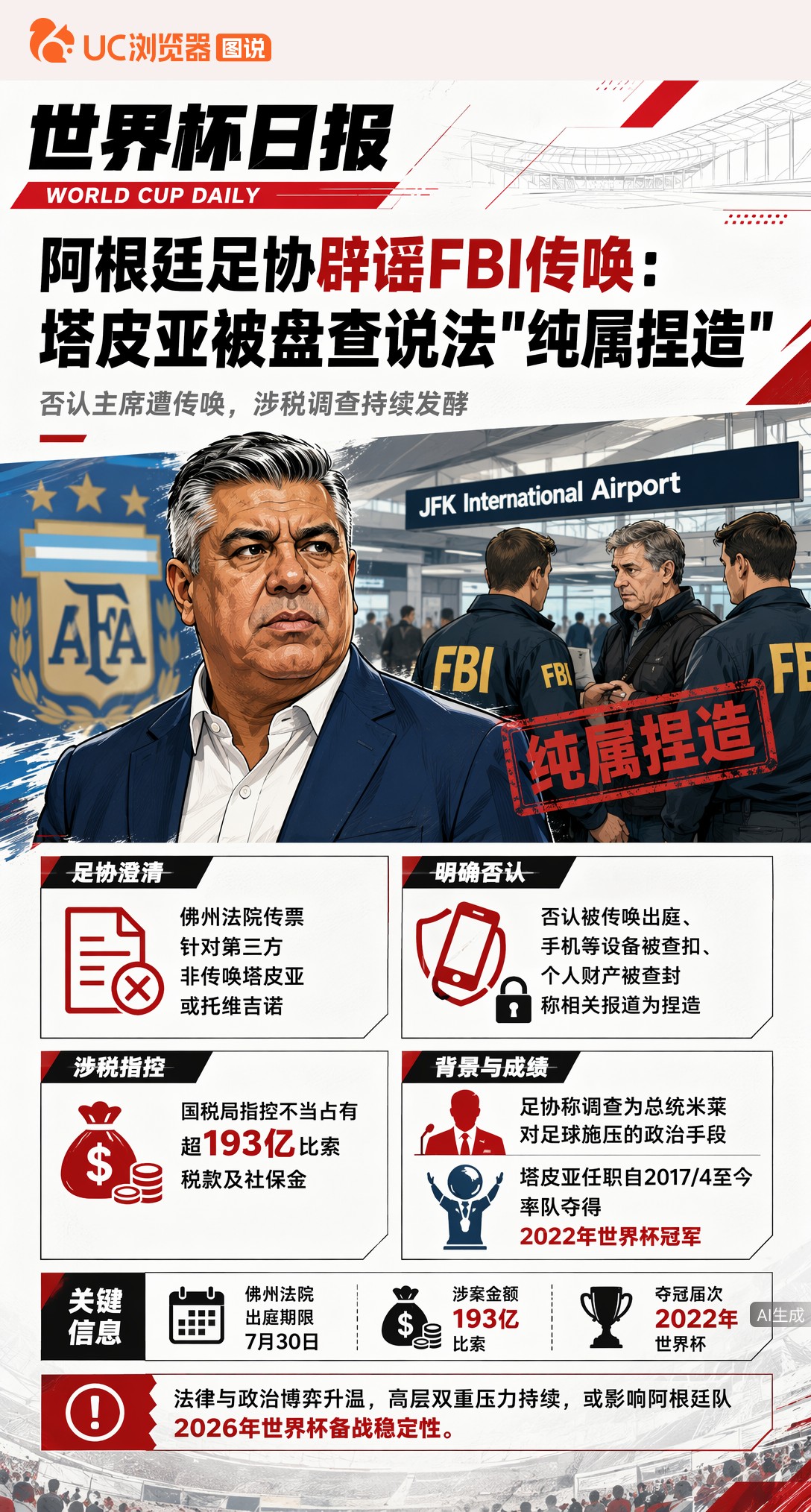 阿根廷足协辟谣FBI传唤：塔皮亚被盘查说法"纯属捏造