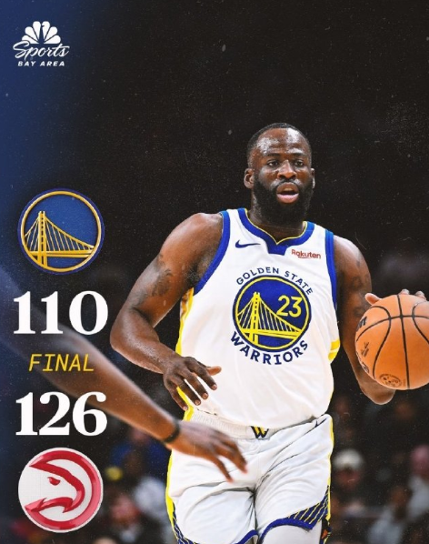 库里缺阵，勇士110-126不敌老鹰，遭遇3连败，赛季被对手双杀！

半场仅差2