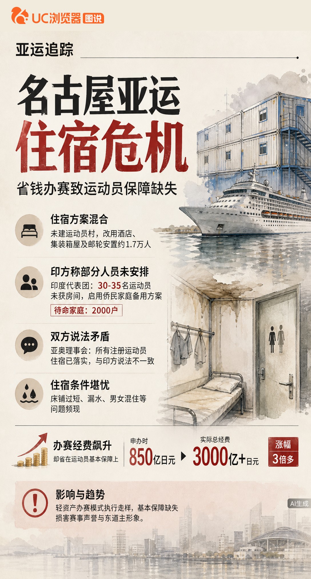名古屋亚运住宿告急？印度队称30余人未分到房，启动2000户侨民家庭备用方案。但亚奥理事会回应住宿已落实，双方说法矛盾。经费涨至3000亿日元，保障却存疑。
