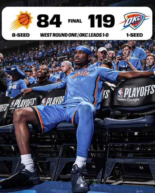 凌晨两场都打花了，这是NBA季后赛历史上首次出现同个比赛日多场分差超过30分。