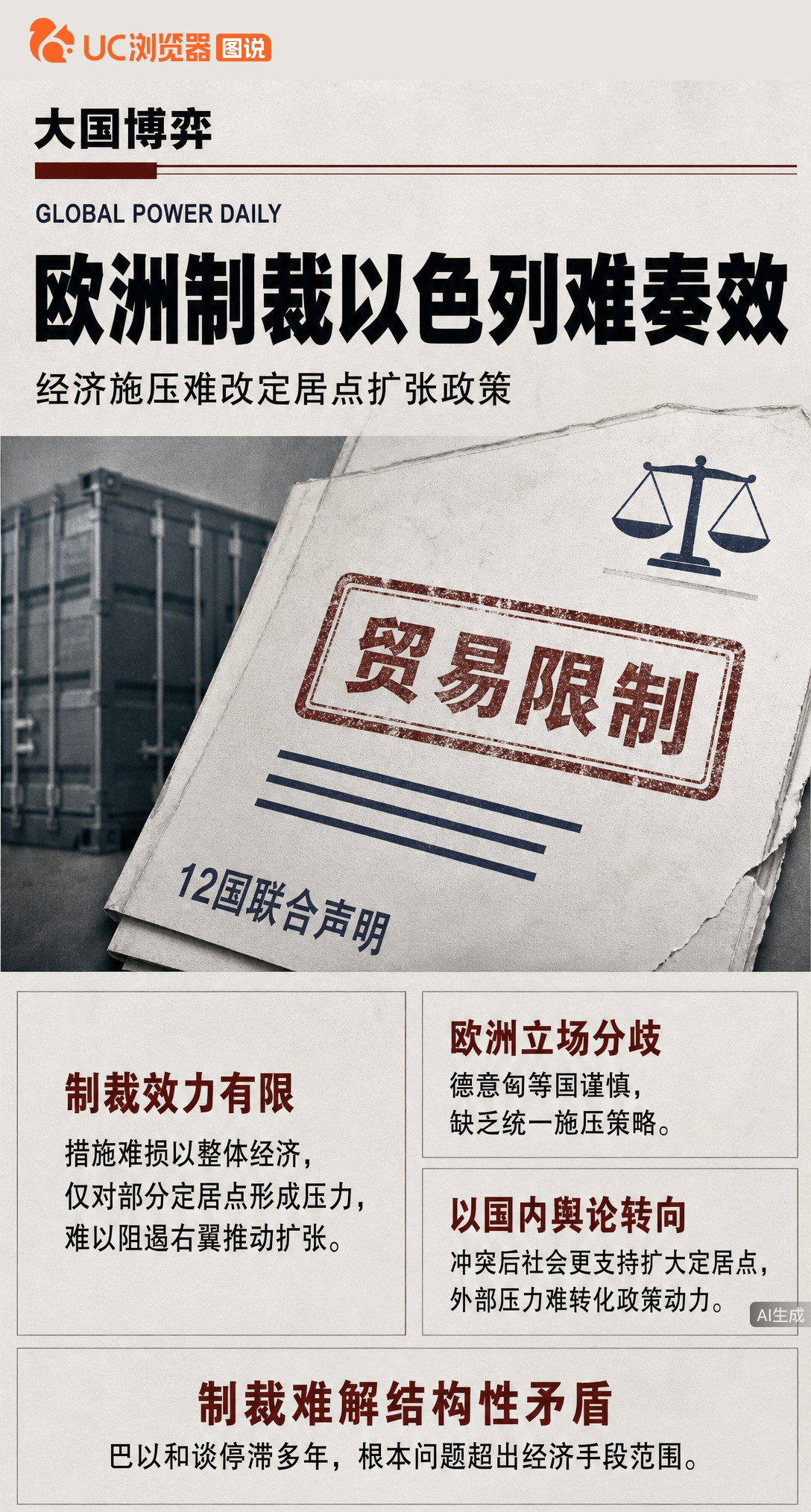 英法等12国限制以色列定居点贸易，制裁从谴责转向实质施压。但欧洲内部立场不一，以色列国内舆论反而更强硬，这点压力真能改变政策走向吗？