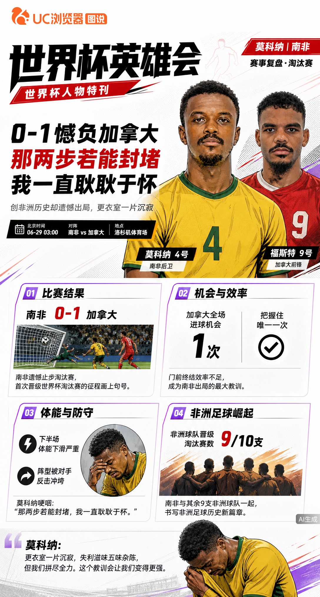 0-1憾负加拿大，莫科纳哽咽：那两步若能封堵，我一直耿耿于怀