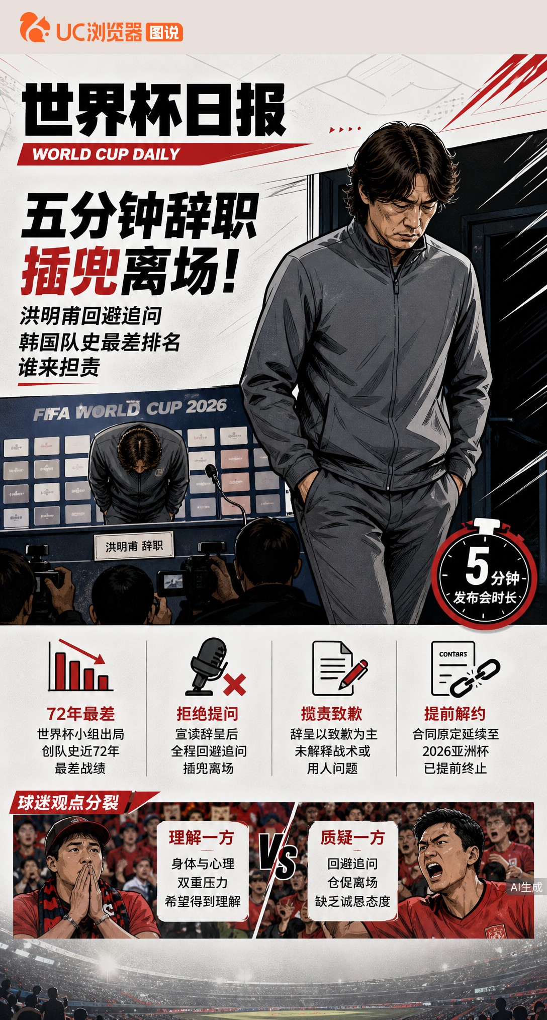 五分钟辞职插兜离场！洪明甫回避追问，韩国队史最差排名谁来担责