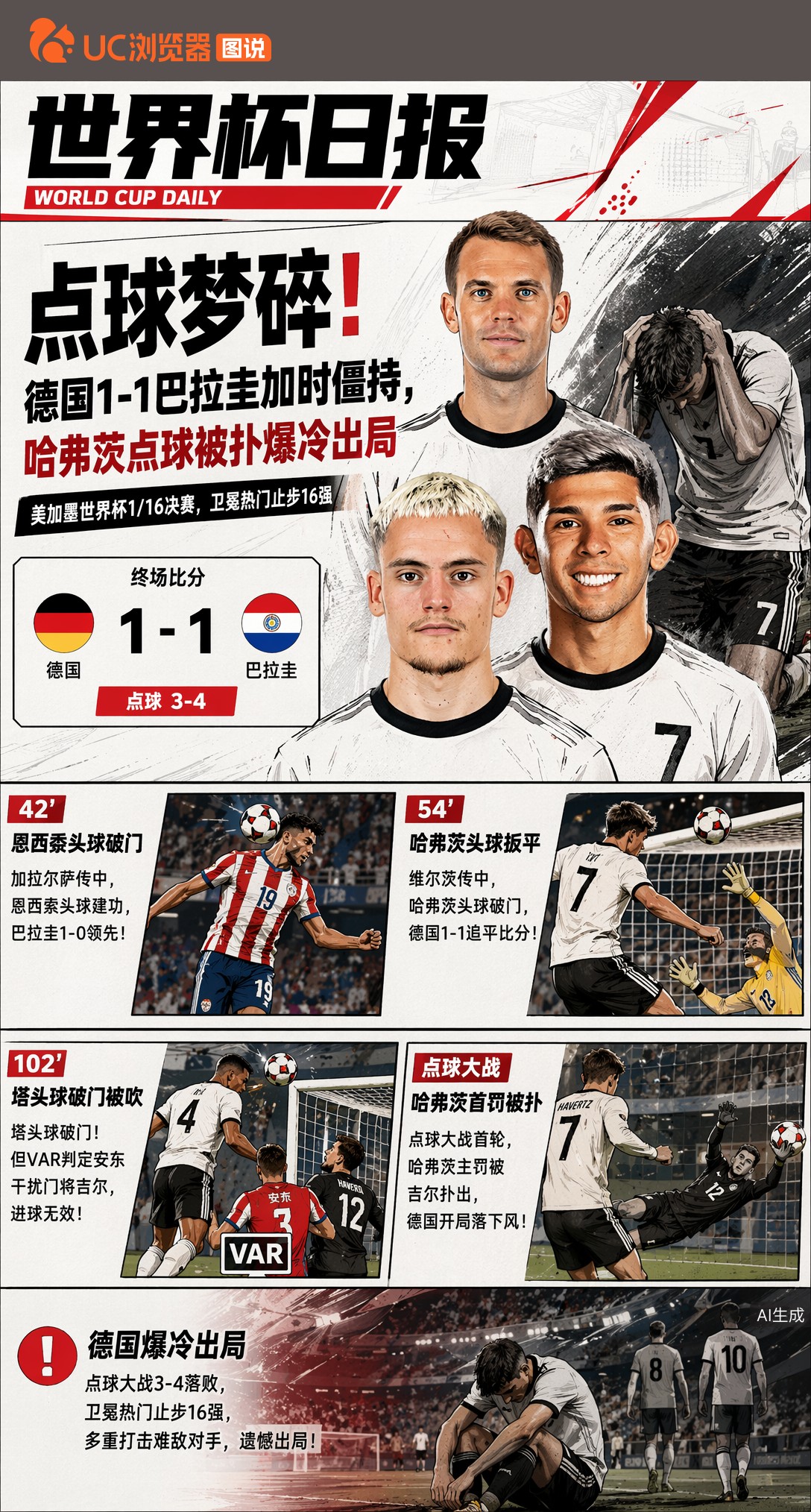 点球梦碎！德国1-1巴拉圭加时僵持，哈弗茨点球被扑爆冷出局