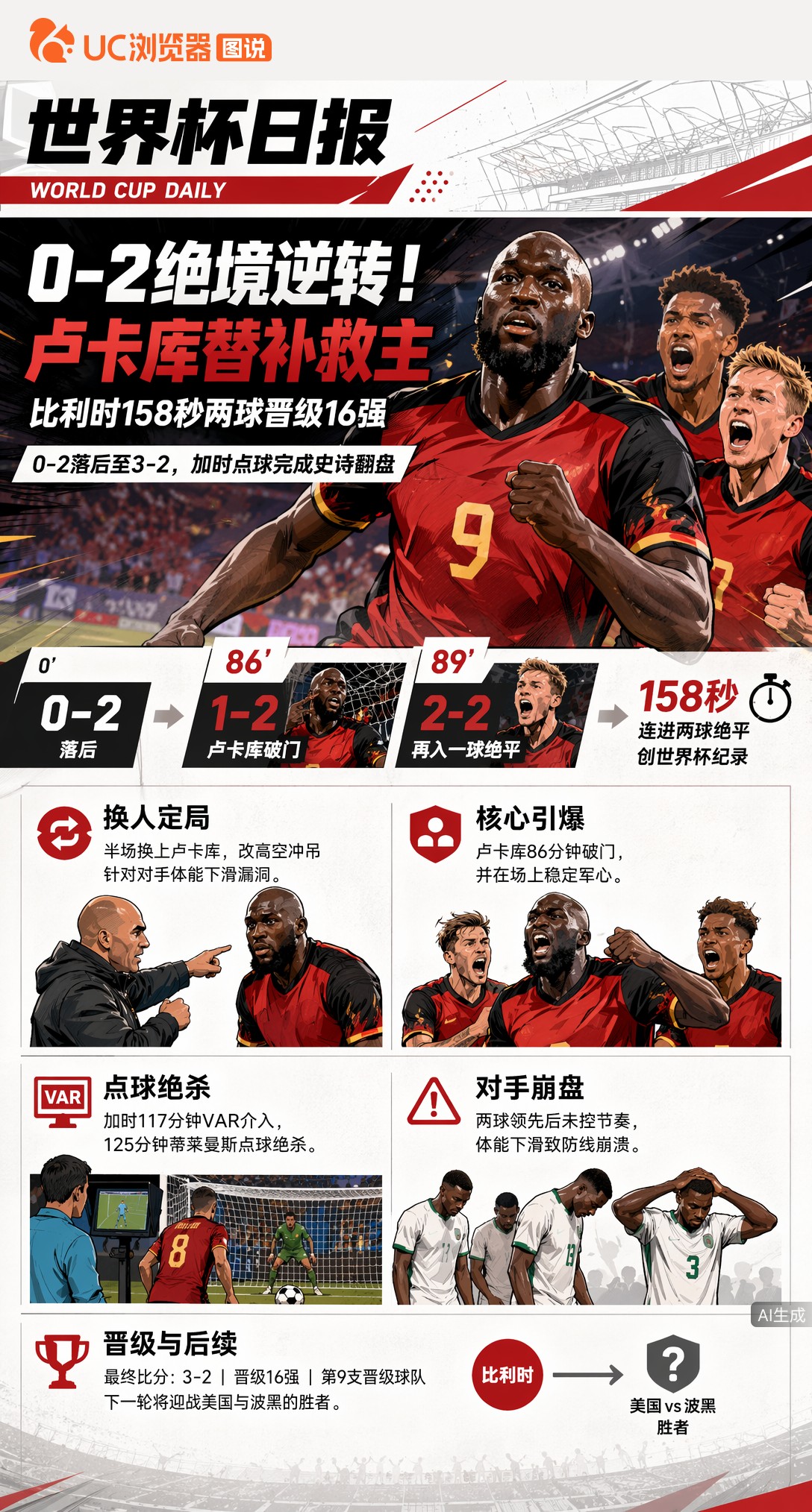 0-2绝境逆转！卢卡库替补救主，比利时158秒两球晋级16强