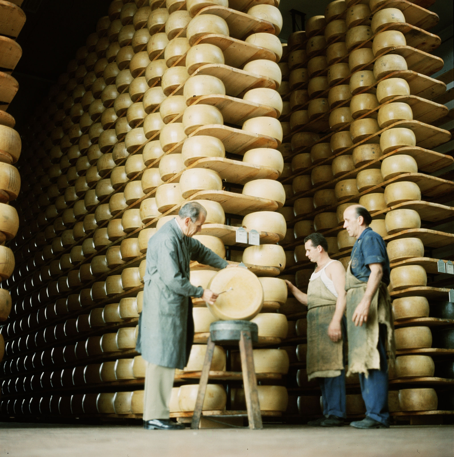 检验员在仓库检查奶酪，这是意大利帕尔马最大的帕尔马奶酪储存库。 