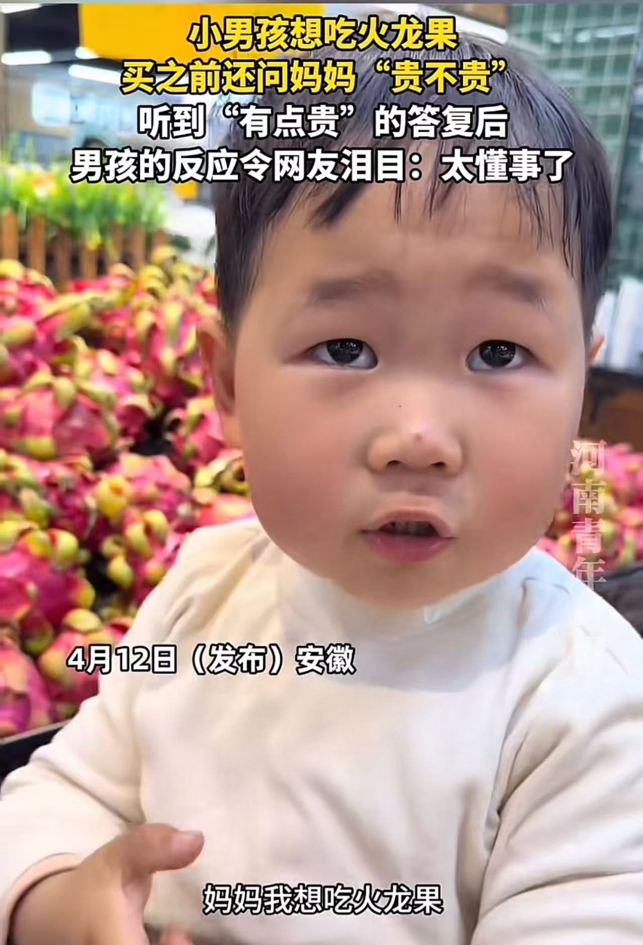安徽，小男孩想吃火龙果，问妈妈“贵不贵？”妈妈下意识地说了一句有点贵，结果小男孩
