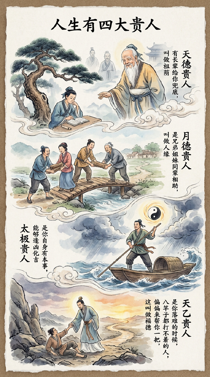 当你有事的时候，家里或长辈出来给你平事这叫天德。
兄弟姐妹出手帮忙，这叫月德。