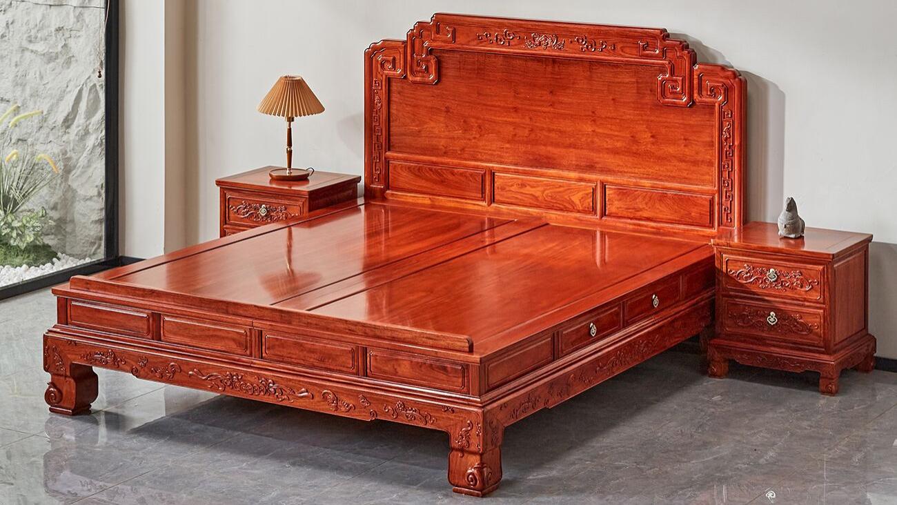 榫卯匠心，纹藏吉韵，缅甸花梨中式高低床