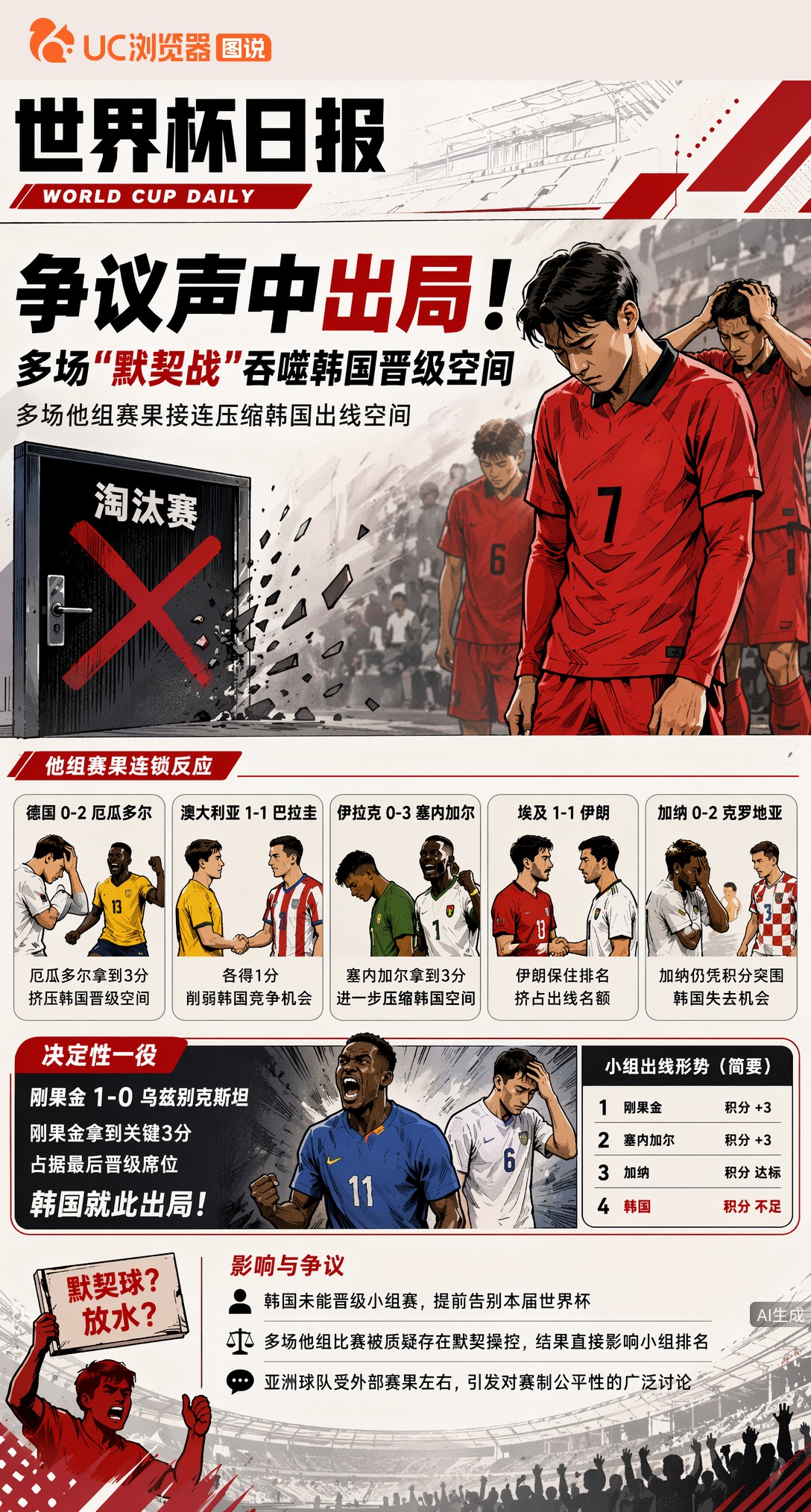 争议声中出局！多场"默契战"吞噬韩国晋级空间，球迷难以接受