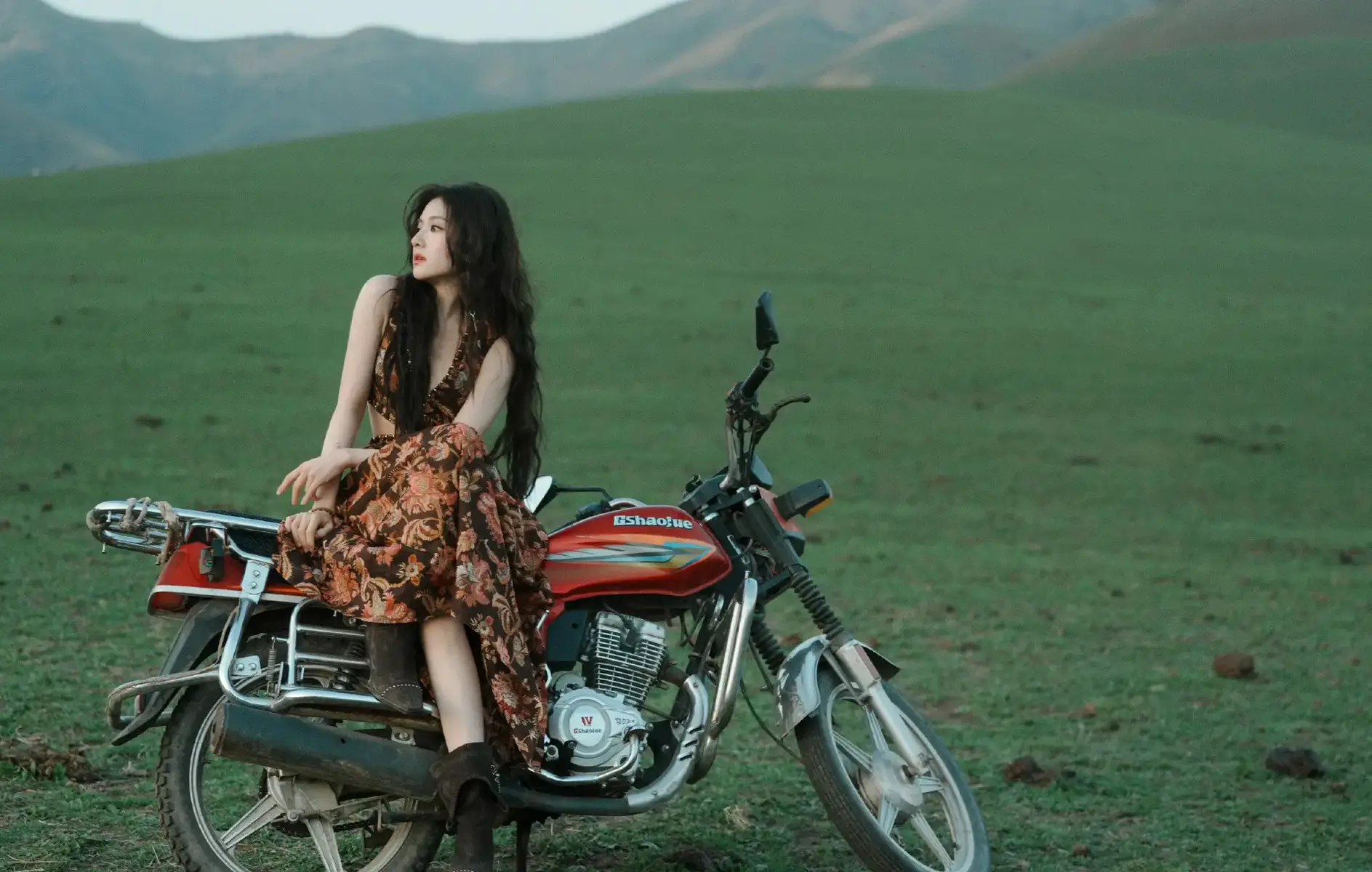 李兰迪穿印花长裙自由浪漫 俯身趴在车头故事感满满