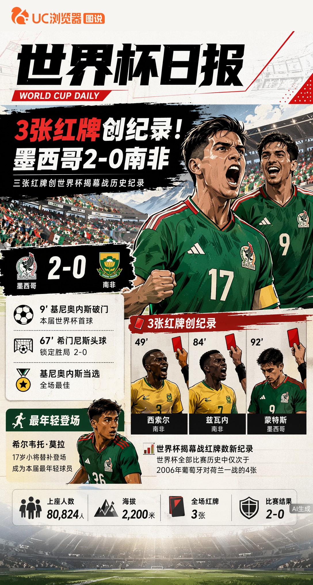 3张红牌创纪录！墨西哥2-0南非，揭幕战史上最乱