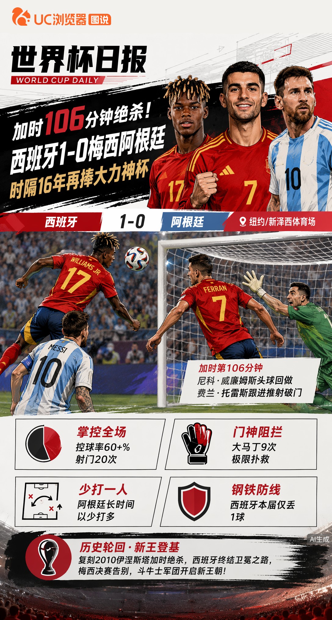 加时106分钟绝杀！西班牙1-0梅西阿根廷，时隔16年再捧大力神杯