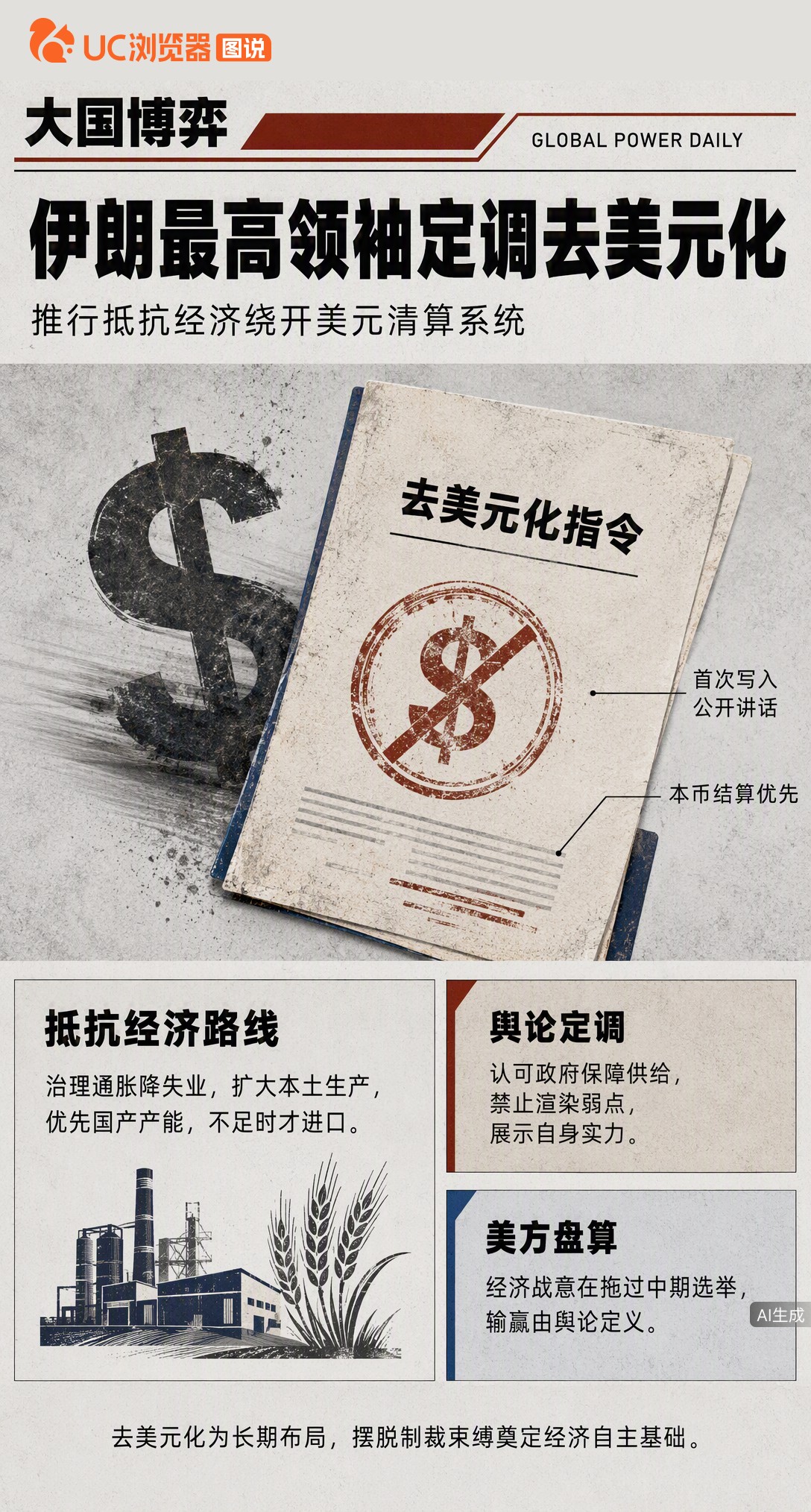 美国打经济战只为拖过中期选举，伊朗最高领袖定调反击：推行抵抗经济，逐步淡出美元主导地位。这招不是赌气，而是把去美元化写进国家核心战略的长期布局。
