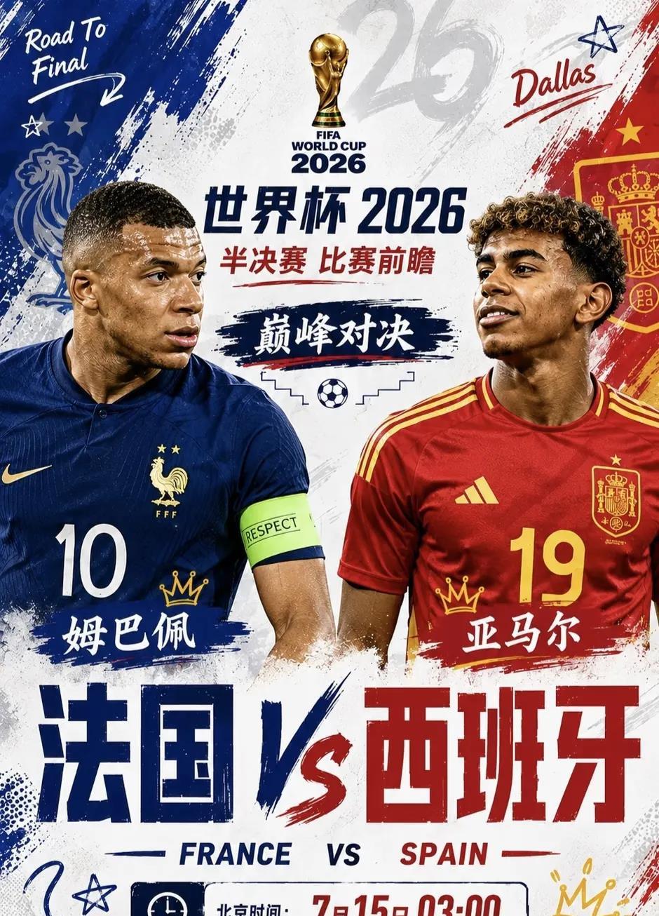 世界杯，半决赛，法国对阵西班牙，看好法国胜出。

原因一：
法国球星姆巴佩，