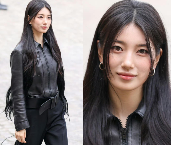 裴智秀街拍这次是一身黑蛮冷清帅气
黑色的修身皮衣，短款设计很适合小个子
搭配一条