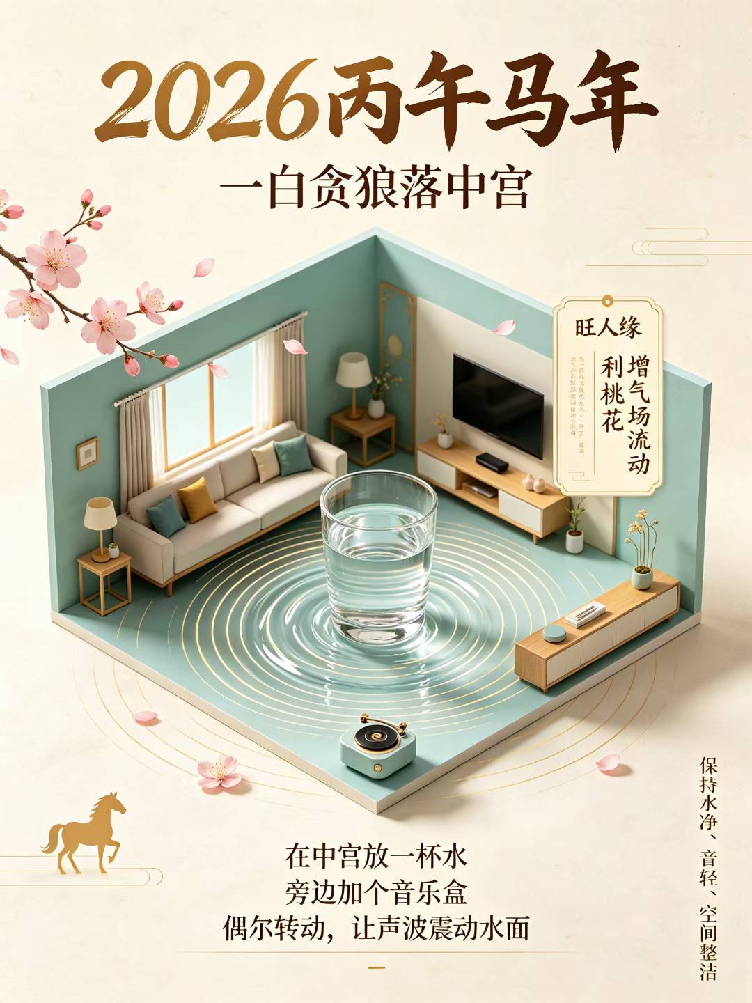 今年一白贪狼落主中宫，想旺人缘或桃花的朋友，可在此放一杯水，旁边加个音乐盒，偶尔