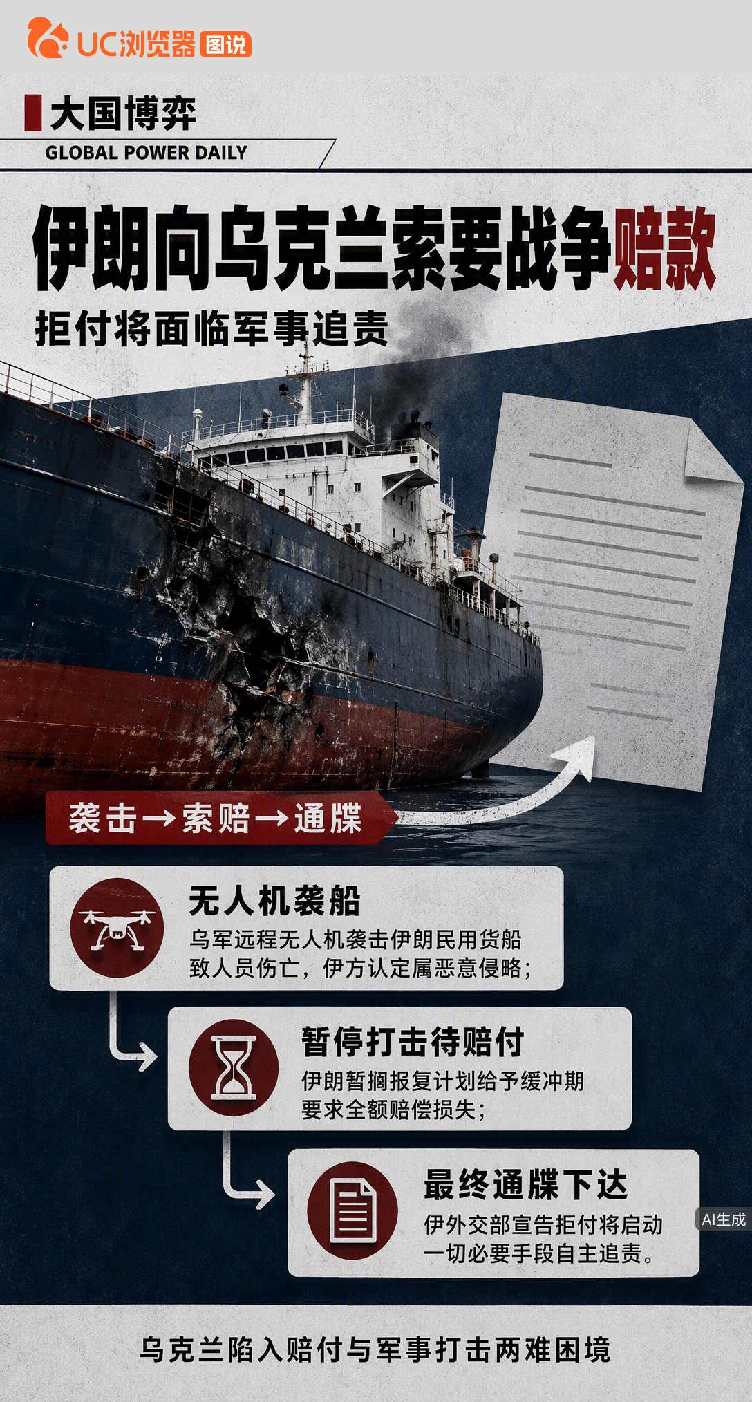 伊朗向乌克兰下最后通牒：全额赔付船只遇袭损失，否则启动军事追责。乌方道歉被指缺乏诚意，原本想靠打击伊朗换美国军备授权，结果筹码没换来，反倒陷入双线危机。