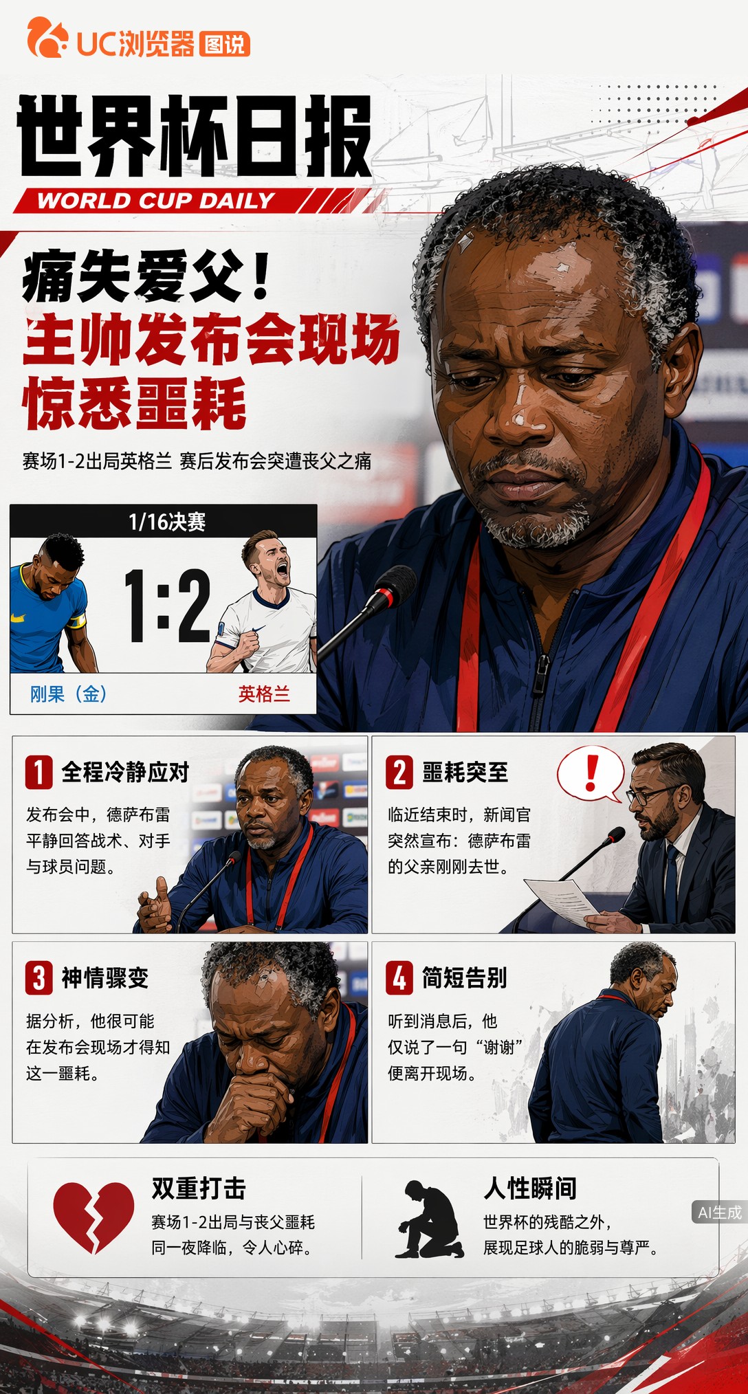痛失爱父！刚果金1-2出局英格兰，主帅发布会现场惊悉噩耗