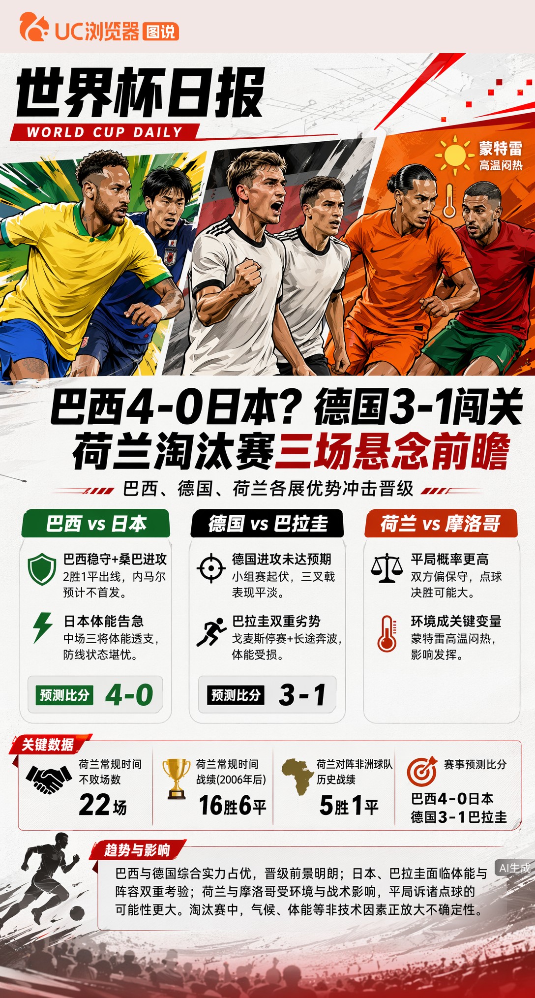 巴西4-0日本？德国3-1闯关，荷兰淘汰赛三场悬念前瞻