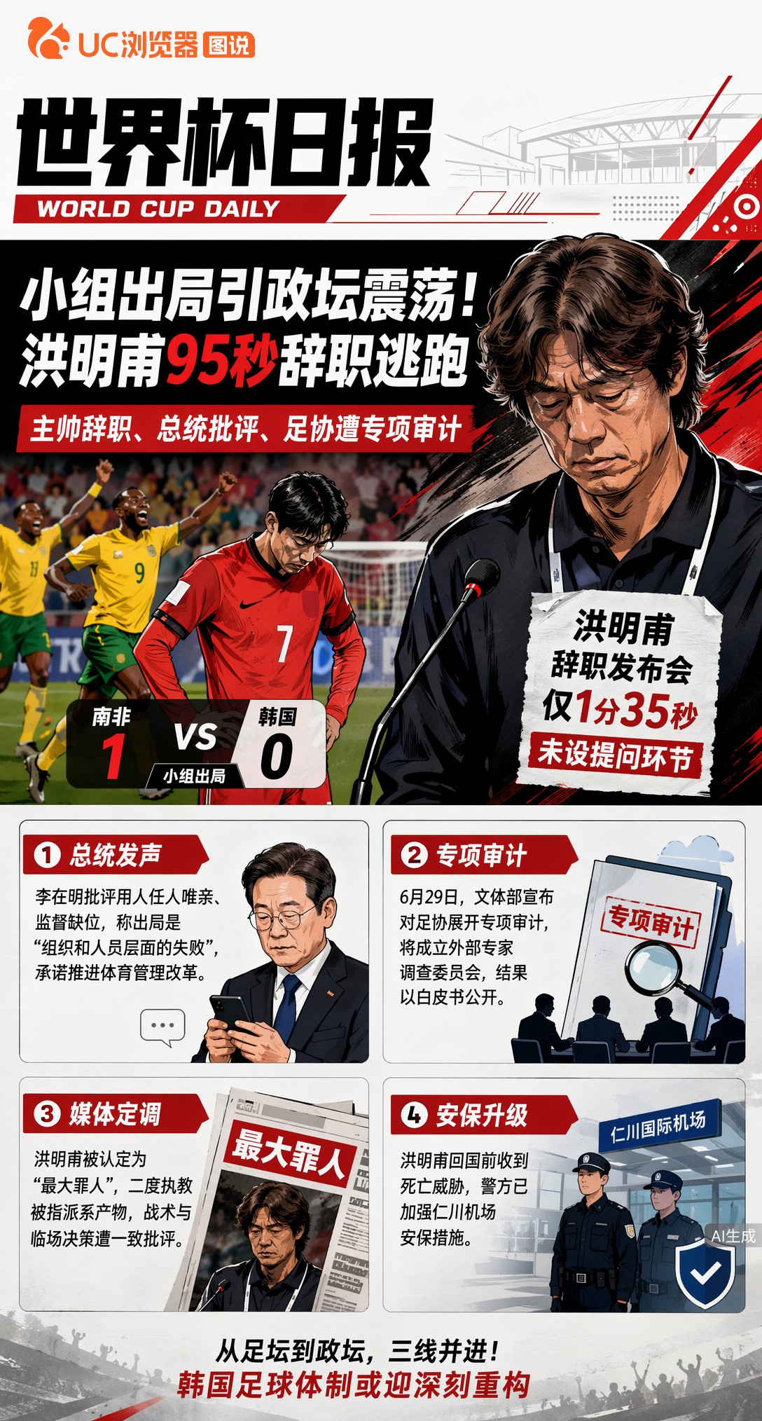 小组出局引政坛震荡！韩国总统下令彻查足协，洪明甫95秒辞职逃跑