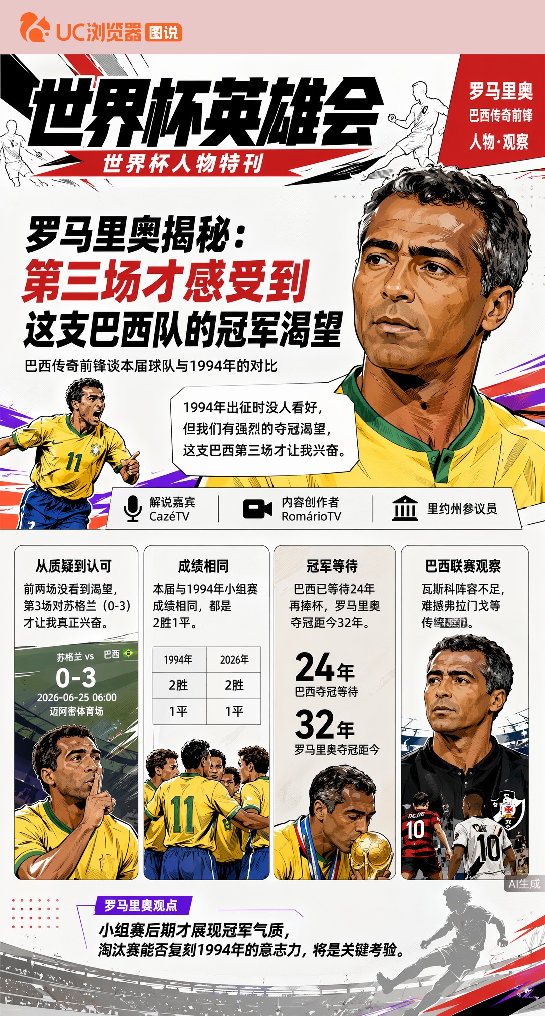 罗马里奥揭秘：第三场才感受到这支巴西队的冠军渴望