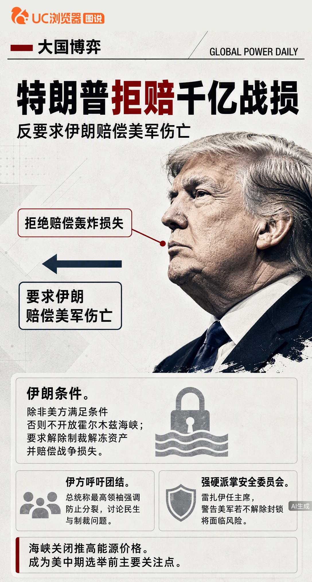伊朗要美国赔战损，特朗普反手列美军伤亡账单要求赔偿。霍尔木兹海峡仍封着，新安全顾问放话不让步，谈判还没开筹码先摆满桌。