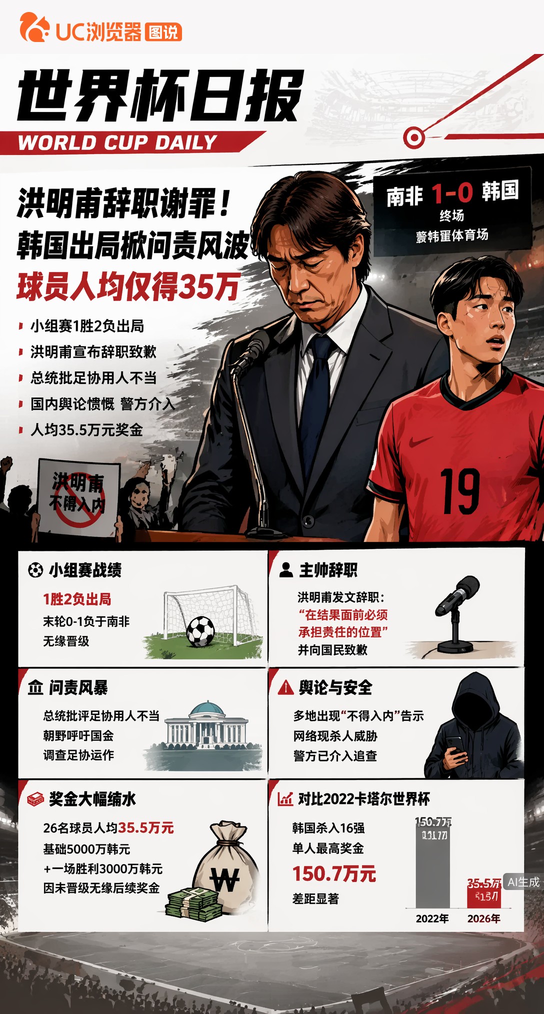 洪明甫辞职谢罪！韩国出局掀问责风波，球员人均仅得35万