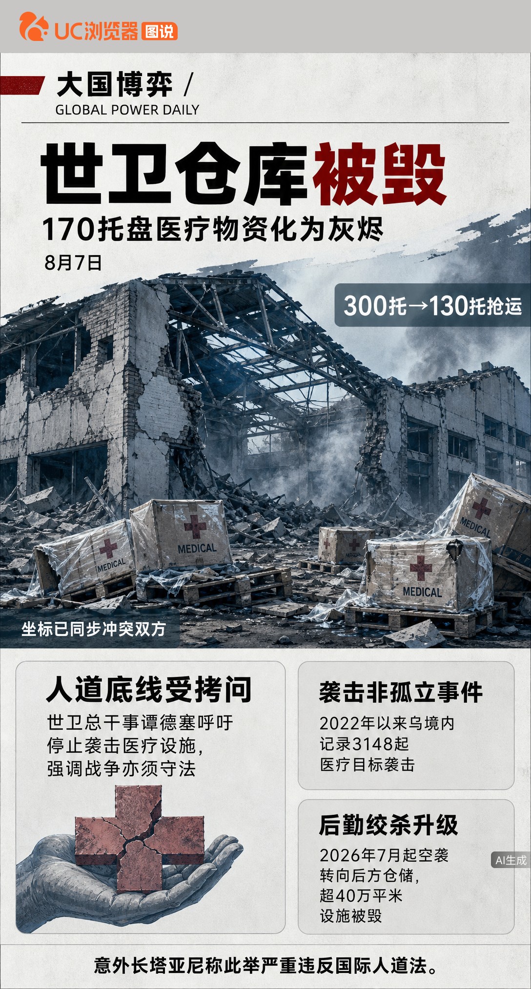 世卫组织在乌克兰的仓库被毁，关键细节是坐标早已同步给冲突双方。人虽安全撤出，但170托盘前线急救物资化为灰烬，补给缺口进一步扩大。