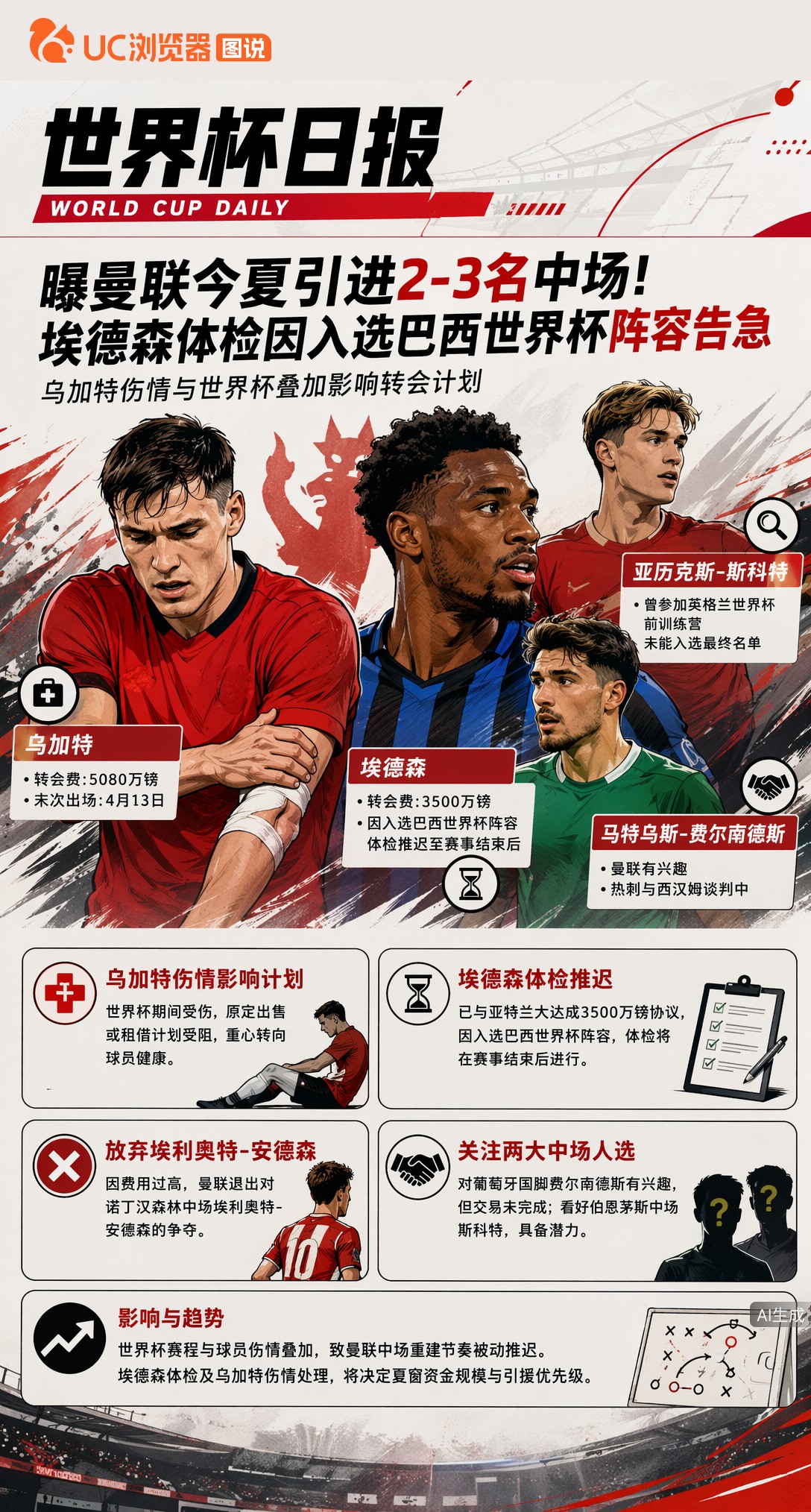 曝曼联今夏引进2-3名中场！埃德森体检因入选巴西世界杯阵容告急
