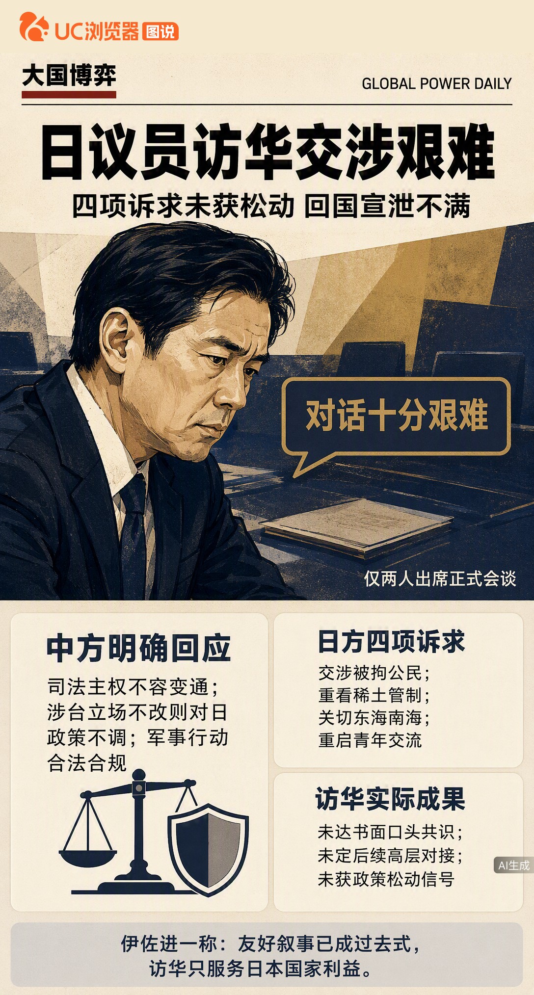 日本议员主动访华，谈了两小时却没拿到任何松动信号。回国后他坦言对话艰难，还把分歧归咎中方。但核心症结摆在那：涉台表态不撤回，政策就不会调整。