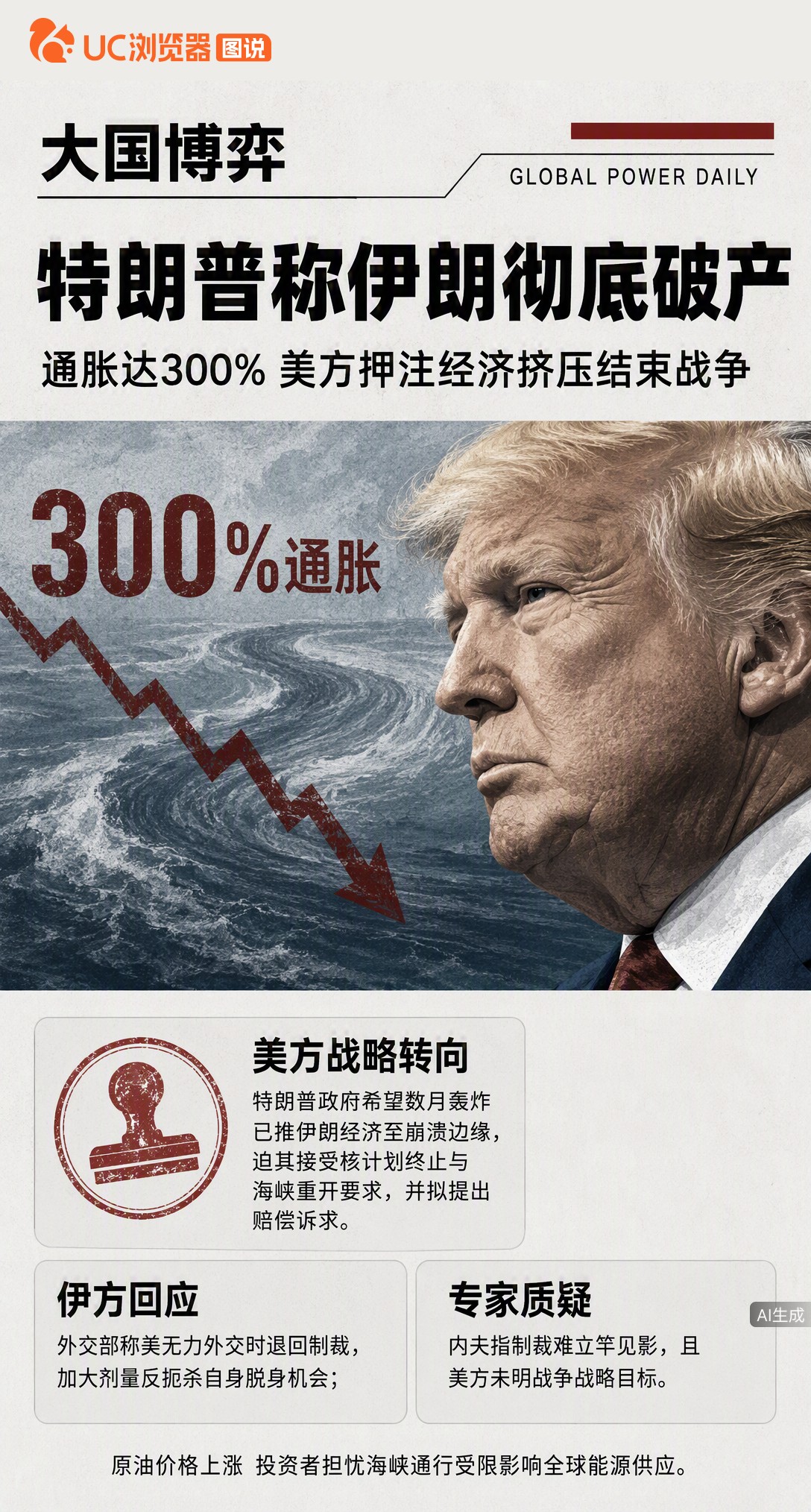 特朗普称伊朗通胀300%、彻底破产，押注经济挤压逼其屈服。但海峡仍封着，油价还在涨，专家直言制裁难像轰炸那样立竿见影。