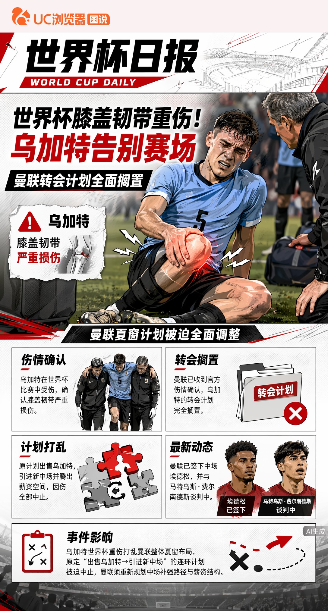 世界杯膝盖韧带重伤！乌加特告别赛场，曼联转会计划全面搁置