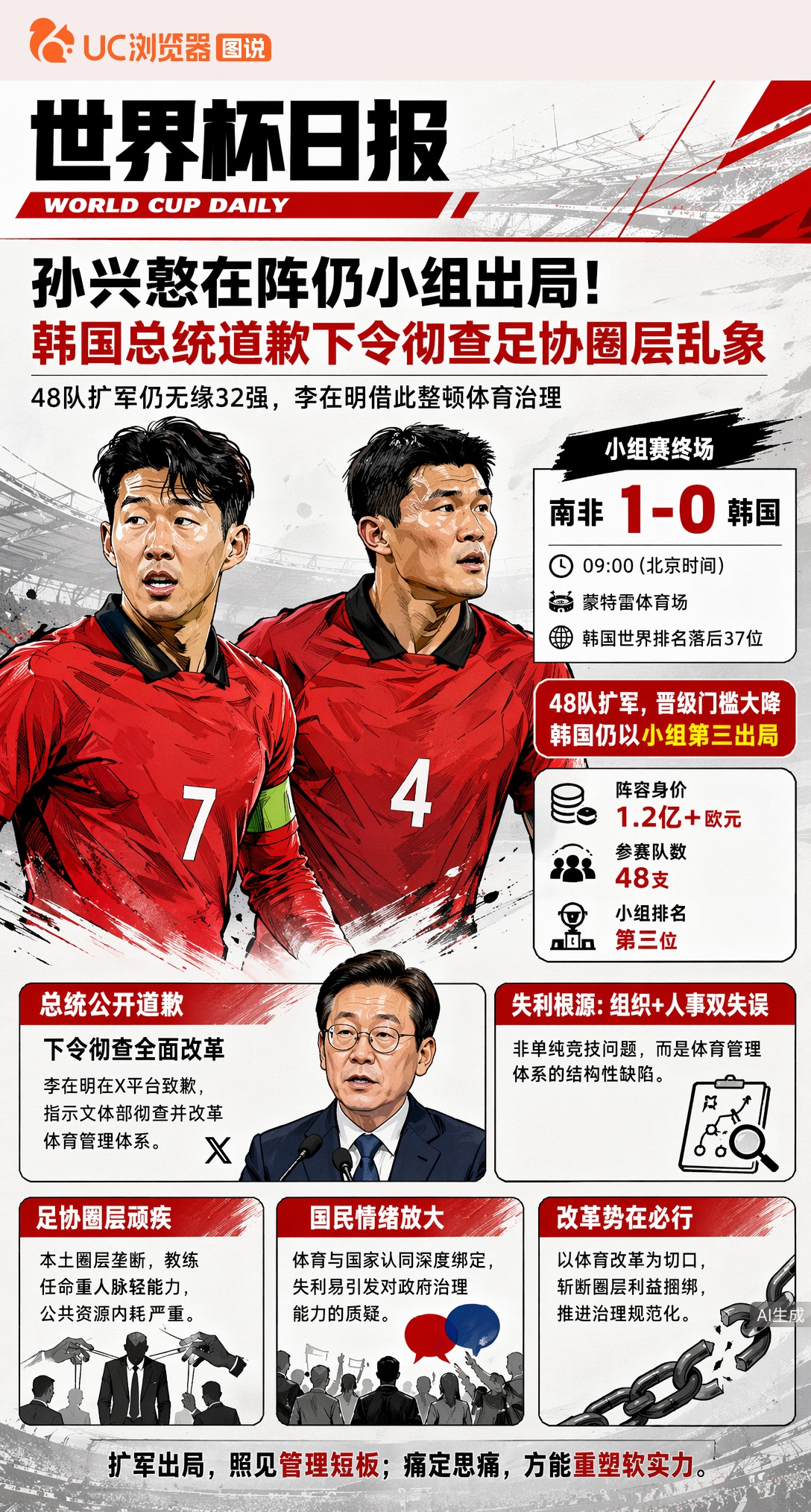 孙兴慜在阵仍小组出局！韩国总统道歉下令彻查足协圈层乱象