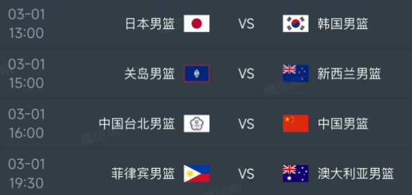 北京时间3月1日，男篮亚洲区世预赛小组赛迎来第四轮，A组和B组赛程如下：
第一场