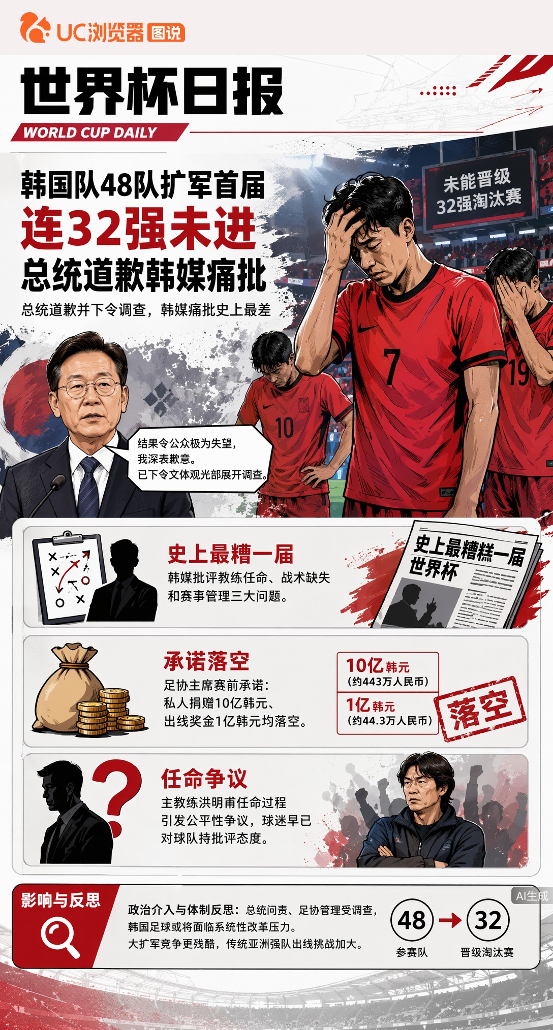 韩国队48队扩军首届连32强未进，总统道歉韩媒痛批史上最糟