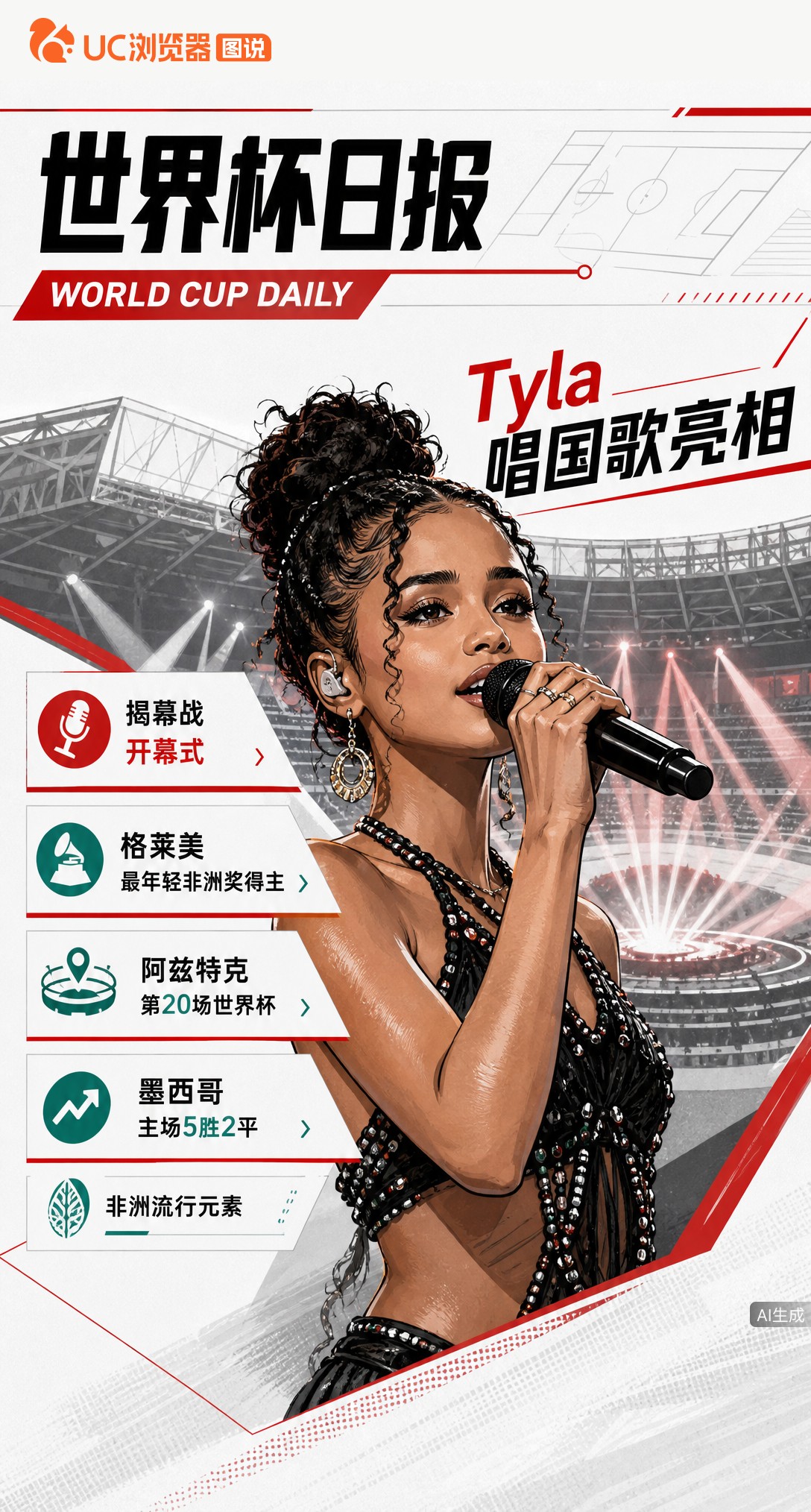 格莱美最年轻非洲奖得主Tyla亮相！揭幕战阿兹特克迎第20场世界杯