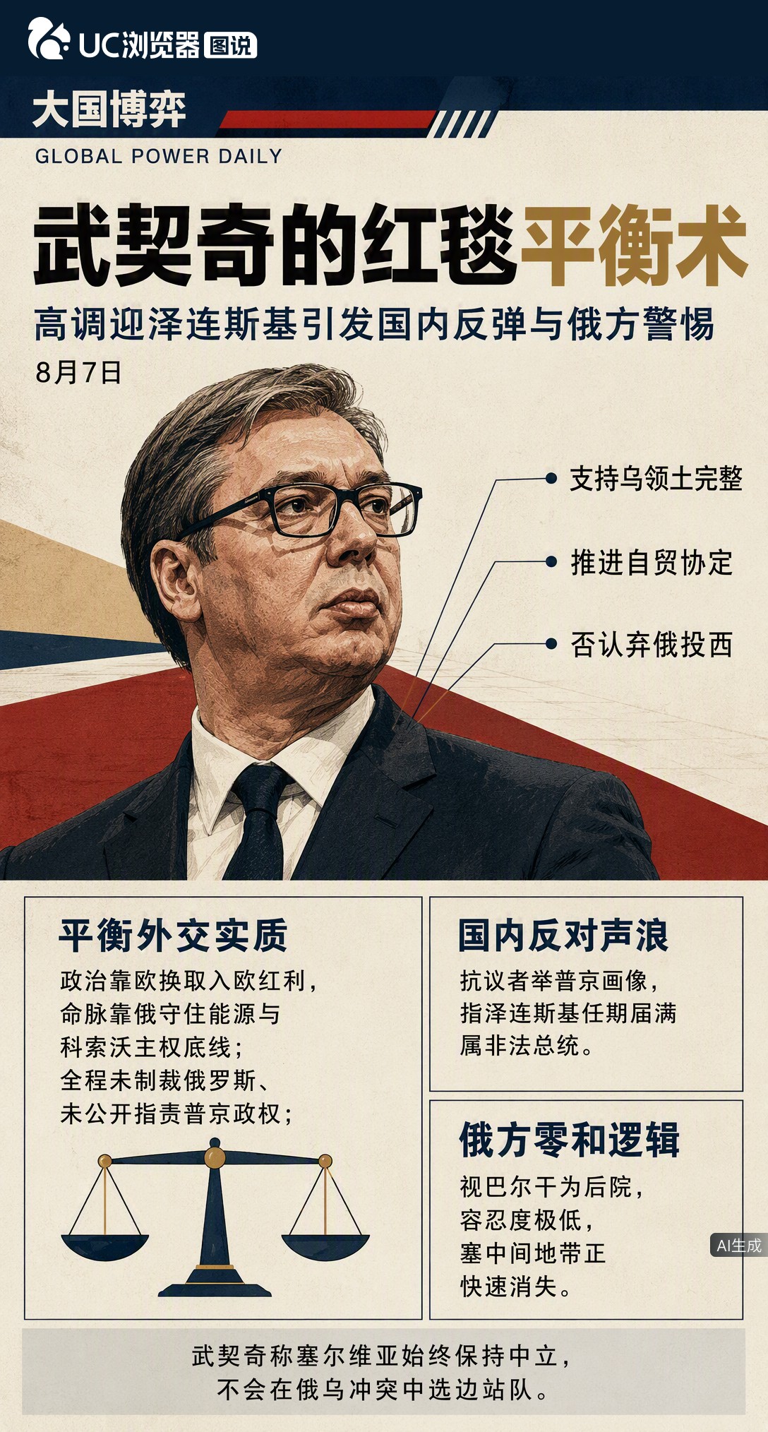 武契奇红毯拥抱泽连斯基，转头就辟谣没背弃俄罗斯。一边要入欧红利，一边命脉还攥在俄手里，这平衡术容错率已归零。