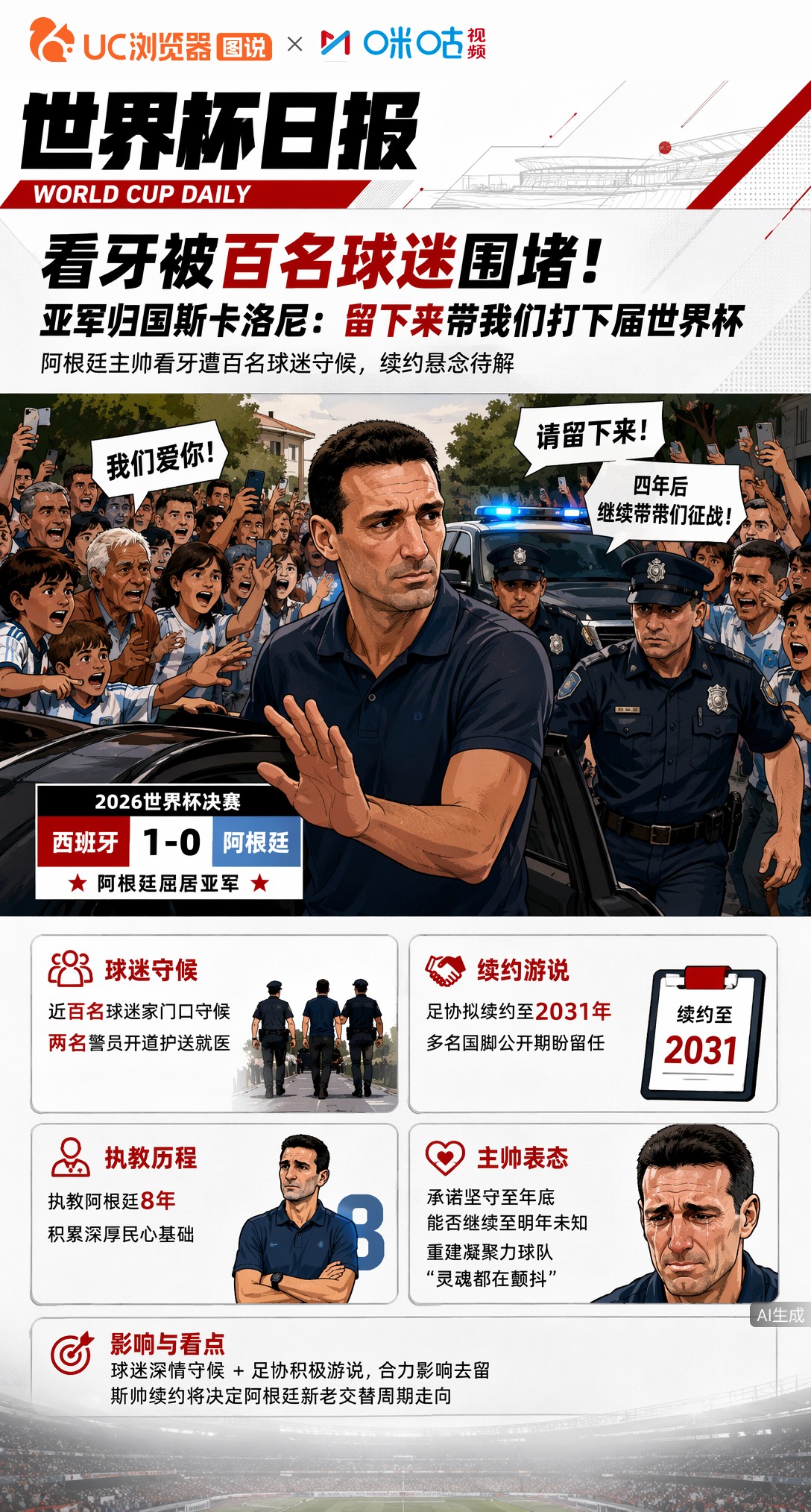 看牙被百名球迷围堵！亚军归国斯卡洛尼：留下来带我们打下届世界杯