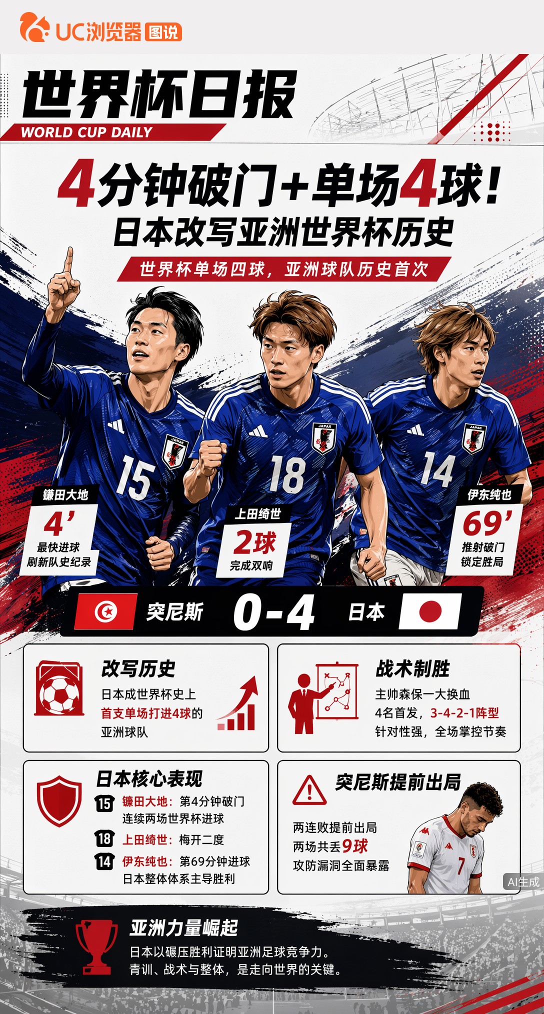4分钟破门+单场4球！日本改写亚洲世界杯历史，突尼斯两连败出局