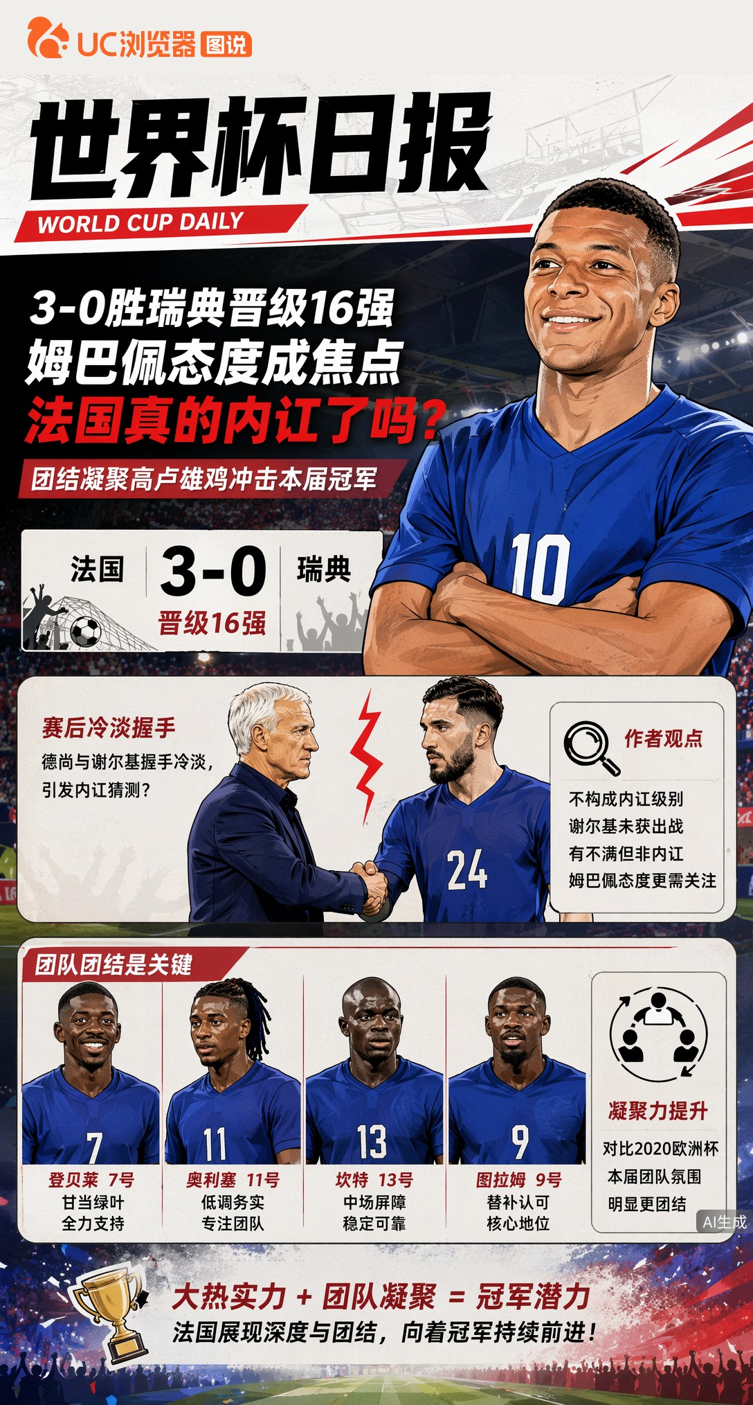 3-0胜瑞典晋级16强，姆巴佩态度成焦点，法国真的内讧了吗