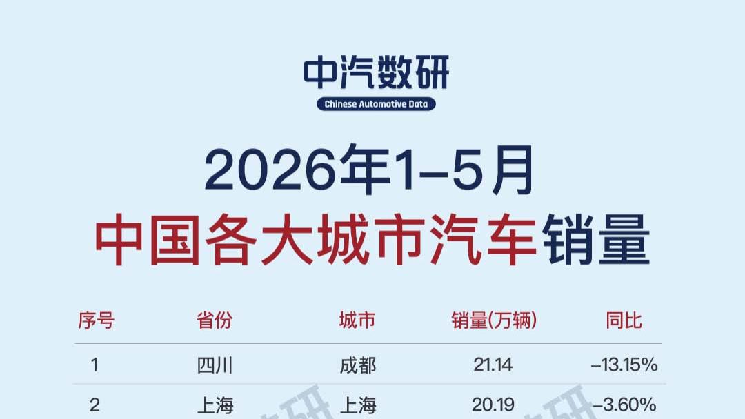 2026年1-5月国内各大城市汽车销量TOP100