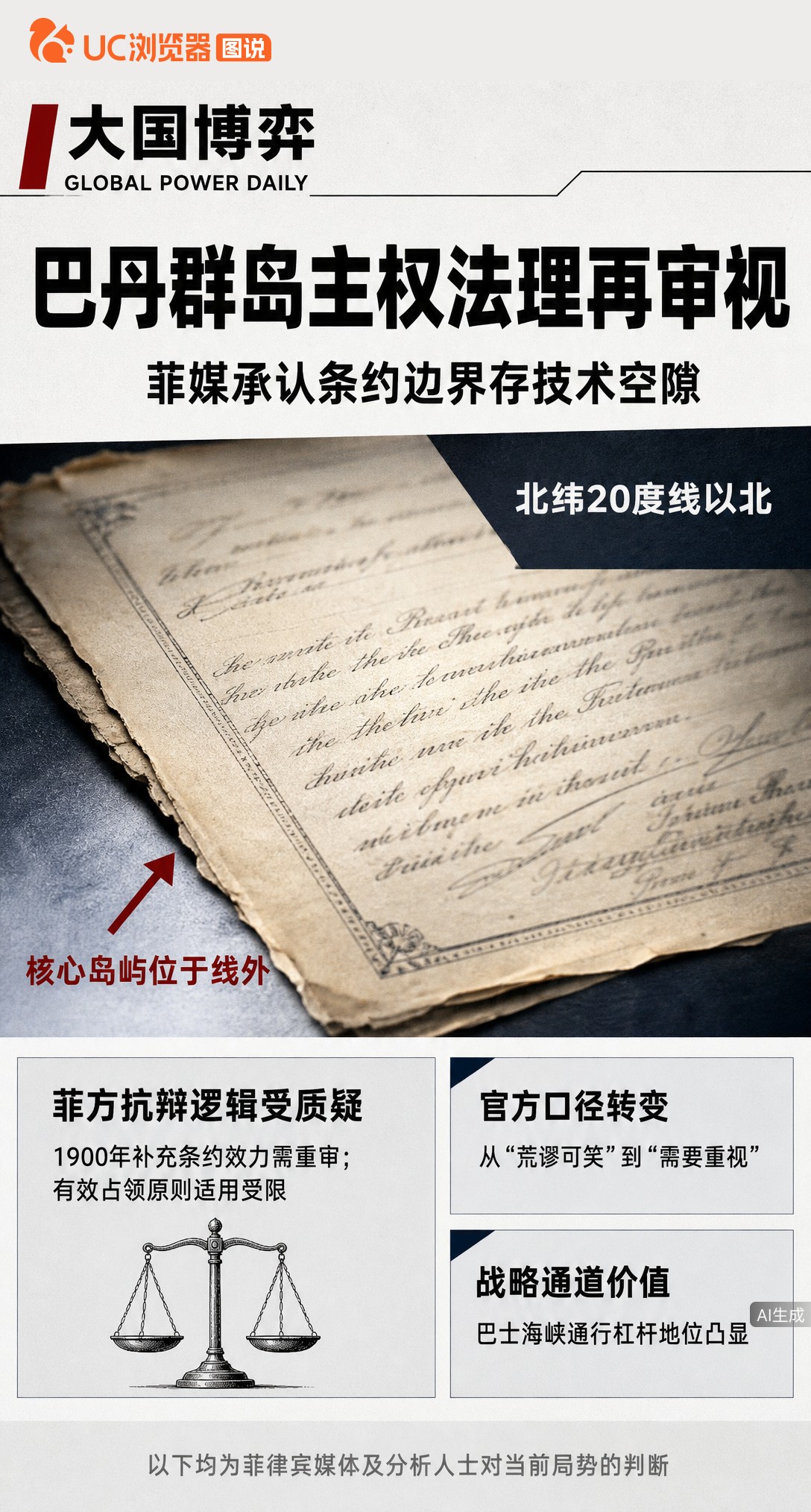 菲媒罕见承认巴丹群岛主权存法理空隙，核心岛屿位于1898年条约划界线外。官方口径六周内从“荒谬”转为“需重视”，殖民条约补丁难经推敲，巴士海峡战略杠杆已摆上桌。