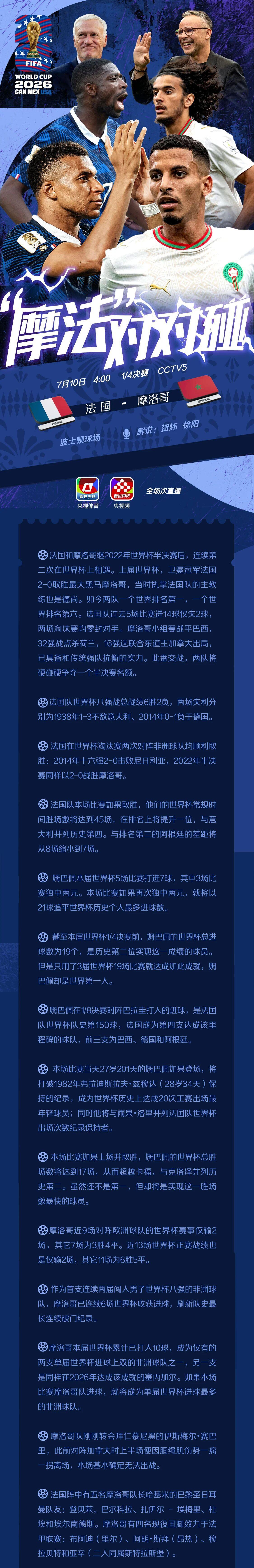 明早4时姆巴佩再登场 法国战摩洛哥角逐4强席位
明天（10日）凌晨4点，世界杯1