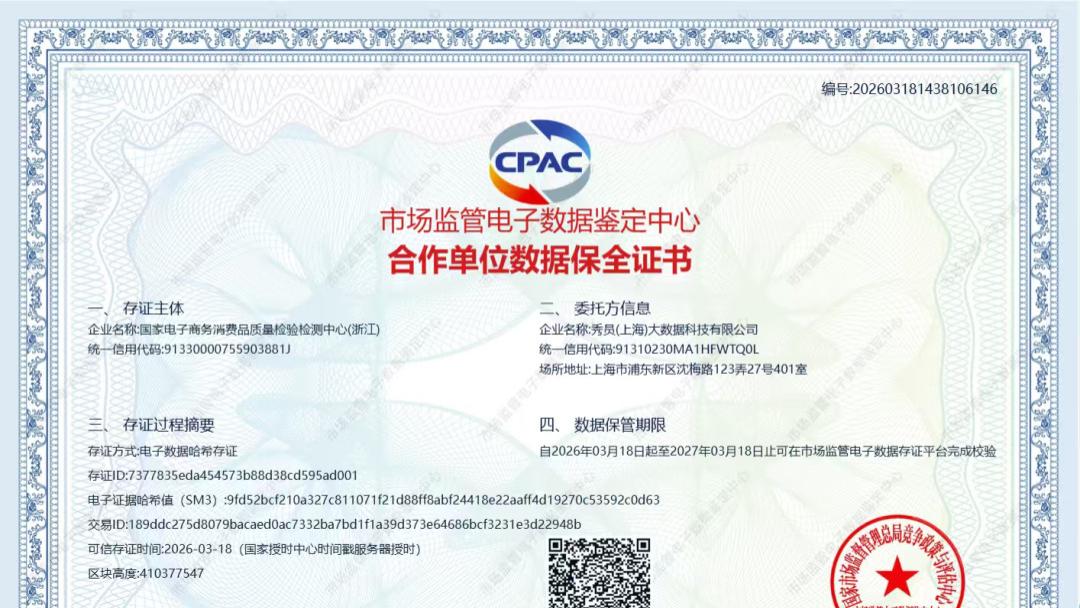 秀员科技荣获国家市场监督管理总局竞争政策与评估中心市场监管电子数据鉴定中心合作单位数据保全证书