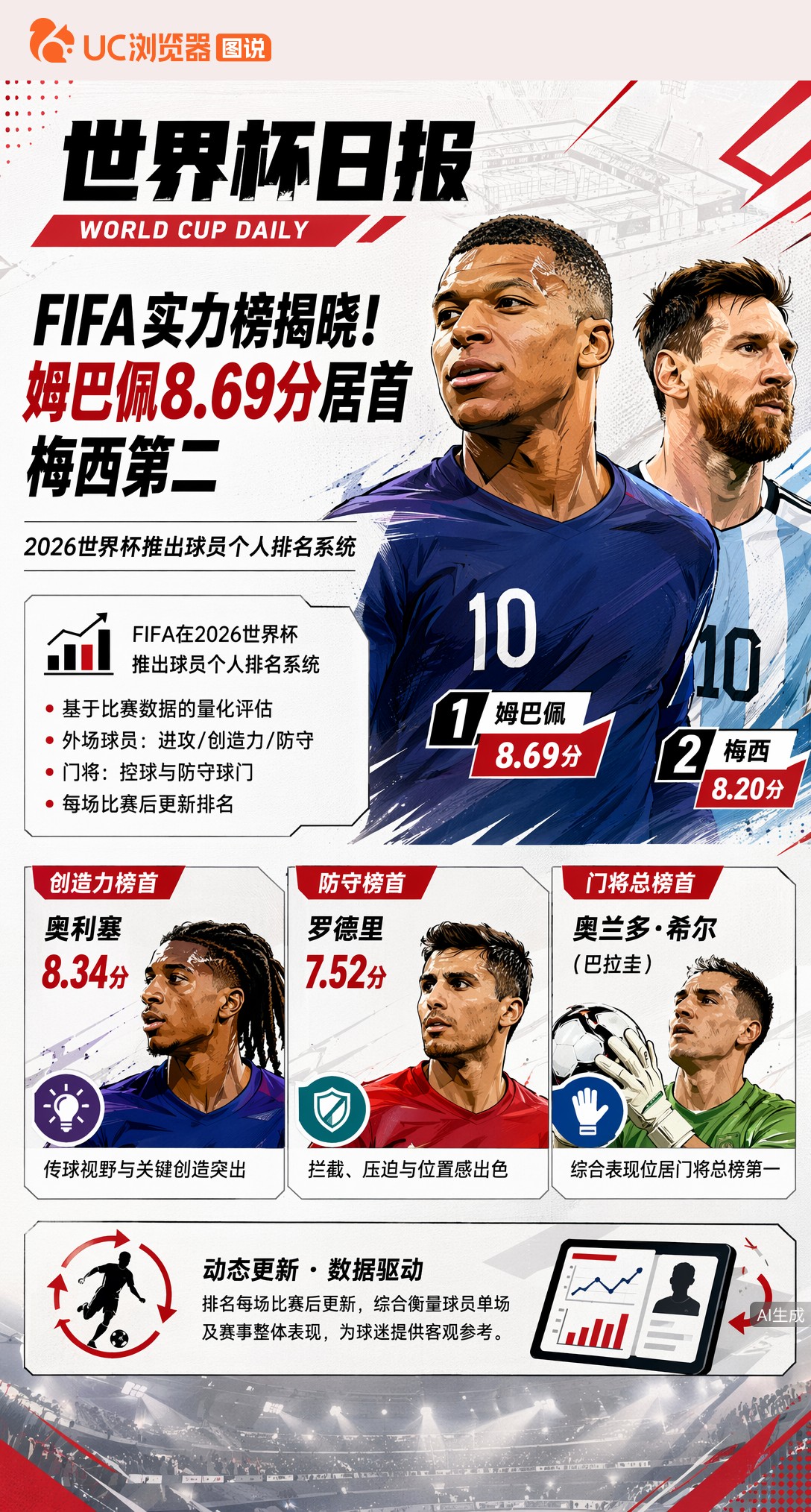FIFA实力榜揭晓！姆巴佩8.69分居首，梅西第二