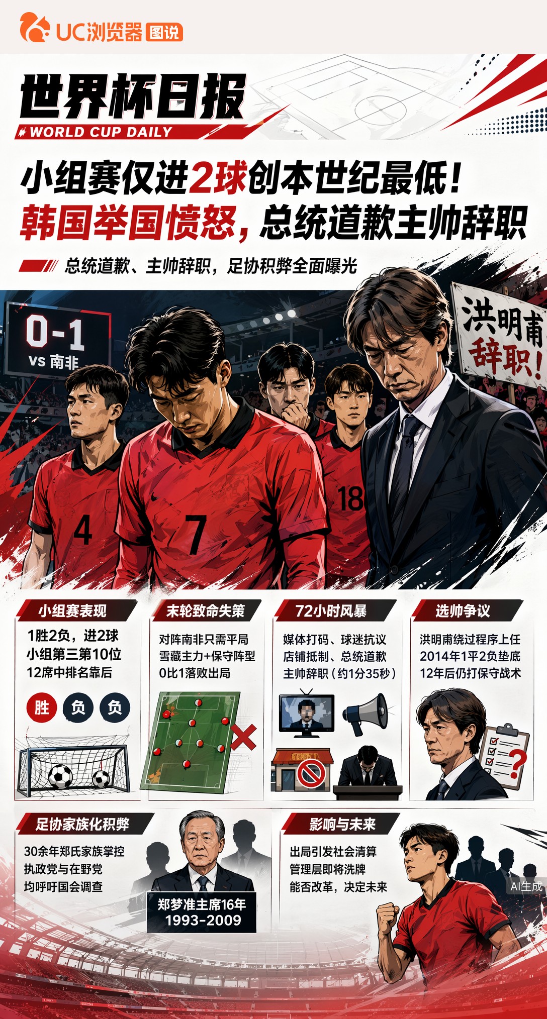 小组赛仅进2球创本世纪最低！韩国举国愤怒，总统道歉主帅辞职