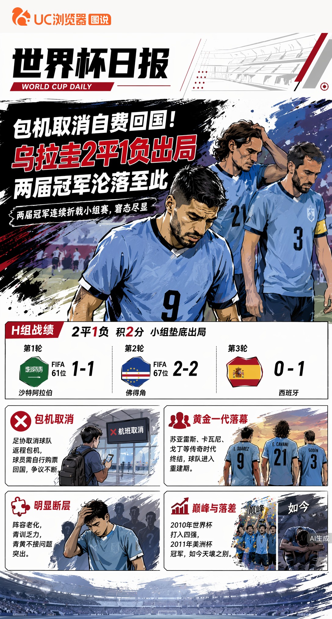 包机取消自费回国！乌拉圭2平1负出局，两届冠军沦落至此