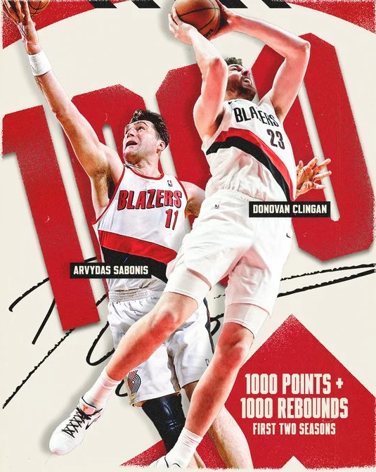 开拓者官方社媒晒出一项队史纪录——中锋多诺万-克林根在生涯前两个赛季已累计得到1